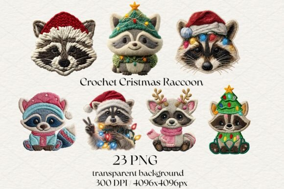 23 Christmas Crochet Raccoon PNG Bundle Illustrations