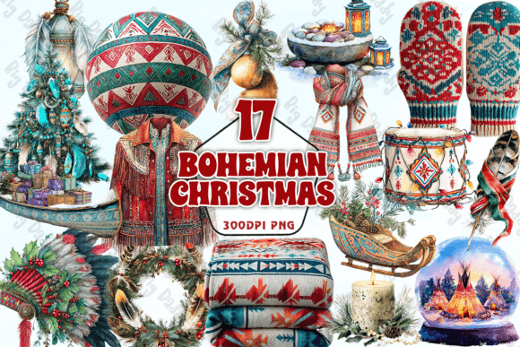 Bohemian Christmas Watercolor PNG for Illustrations