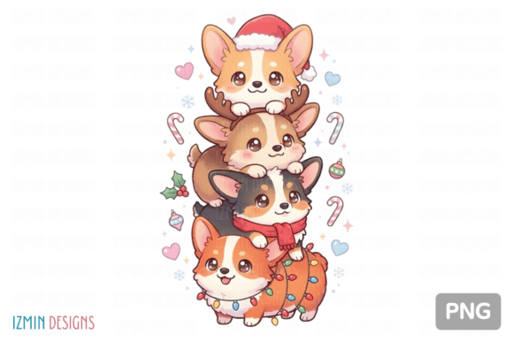 Cute Christmas Corgi Puppy Stack PNG Art for Illustrations