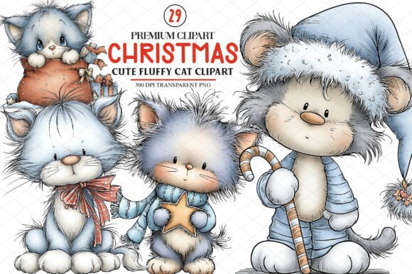 Cute Christmas Fluffy Cat Clipart & Illustrations
