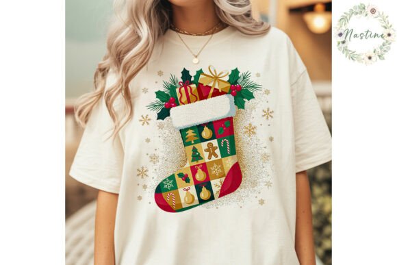 Patchwork Christmas Stocking PNG Clipart: Editorial Illustrations