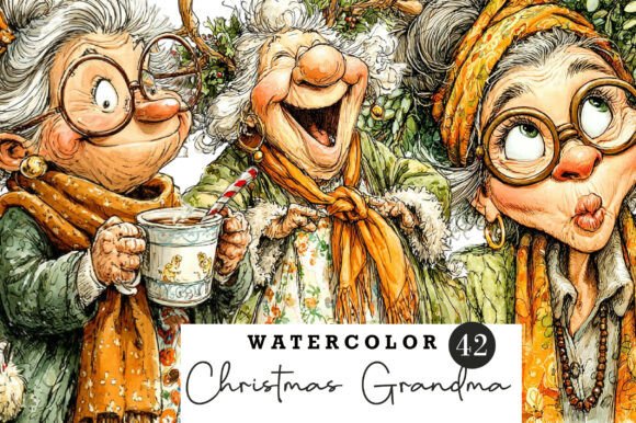 Retro Christmas Grandma Clipart: Branding & Illustrations