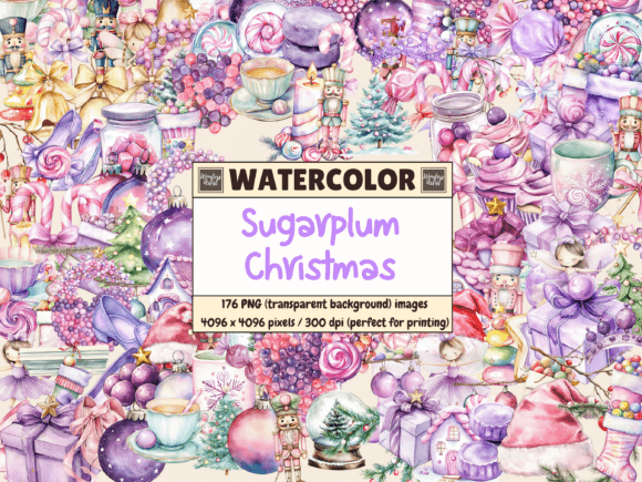 Sugarplum Christmas Watercolor Clipart Illustrations