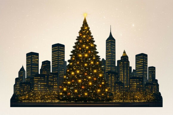 Urban Skyline Christmas Tree PNG: Modern Illustrations