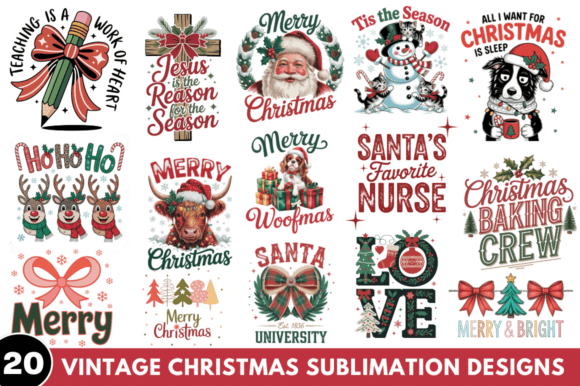 Vintage Christmas Sublimation PNG Bundle: Illustrations
