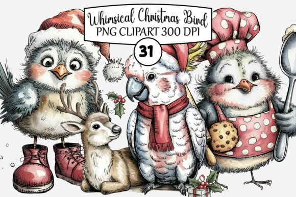 Whimsical Christmas Bird Clipart: Illustrations for Sellers